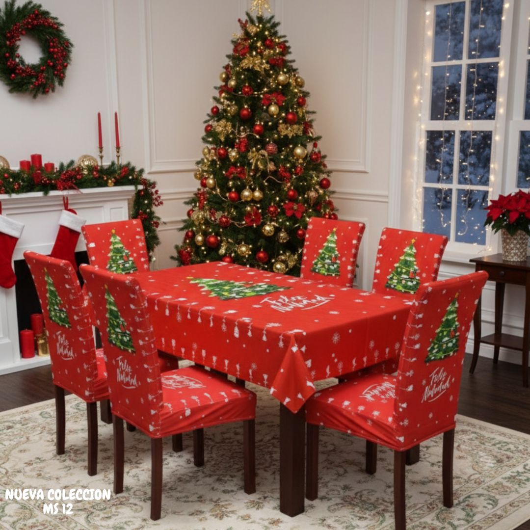 FUNDAS PARA JUEGOS DE COMEDOR + MANTEL IMPERMEABLE NAVIDEÑOS