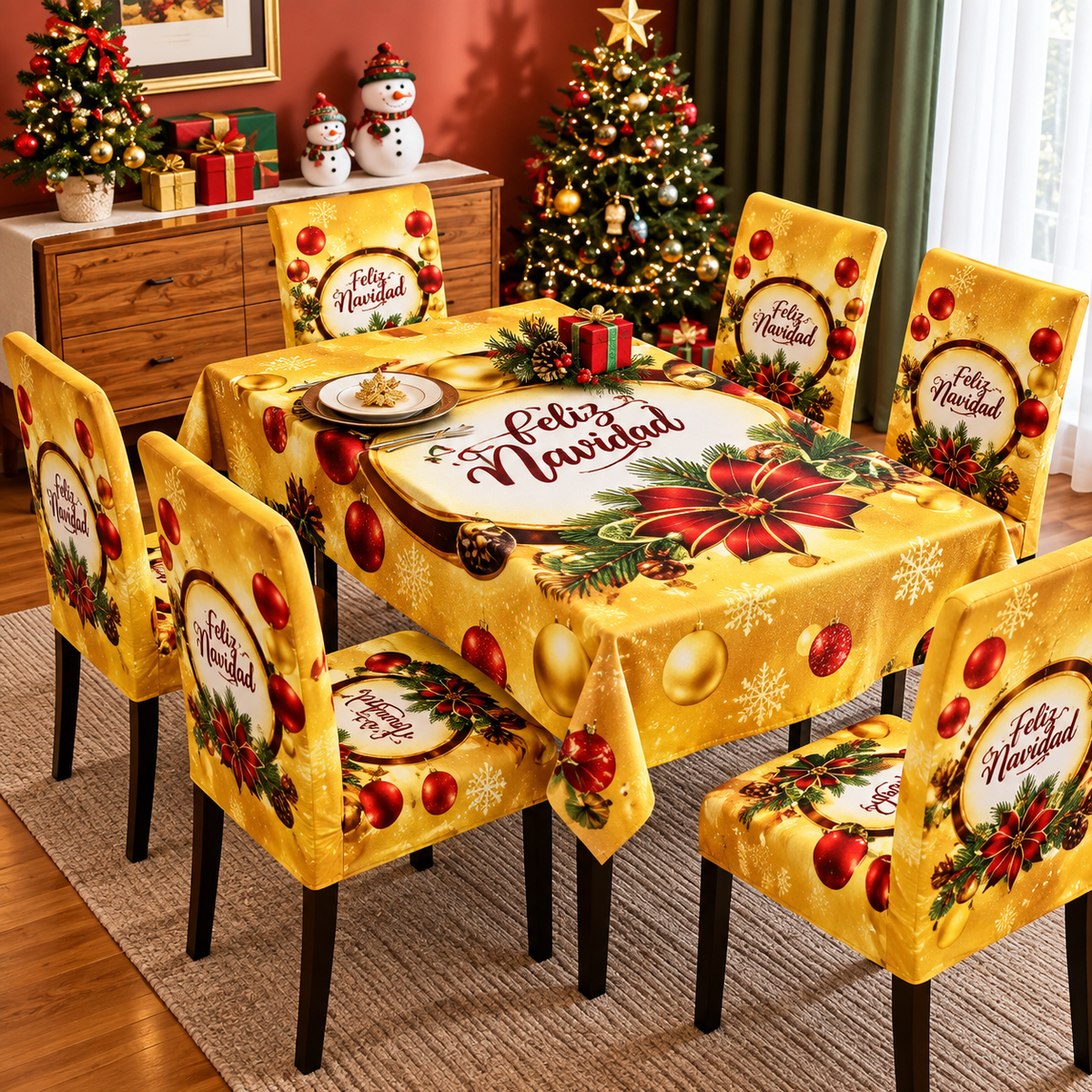 FUNDAS PARA JUEGOS DE COMEDOR + MANTEL IMPERMEABLE NAVIDEÑOS