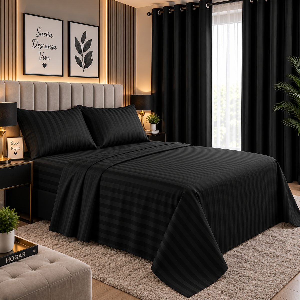COMBO JUEGO DE SABANAS 800 HILOS CON CORTINAS BLACKOUT