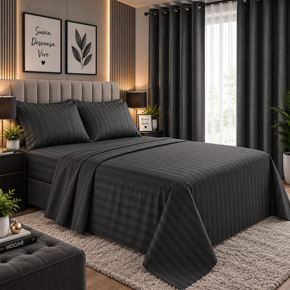 COMBO JUEGO DE SABANAS 800 HILOS CON CORTINAS BLACKOUT