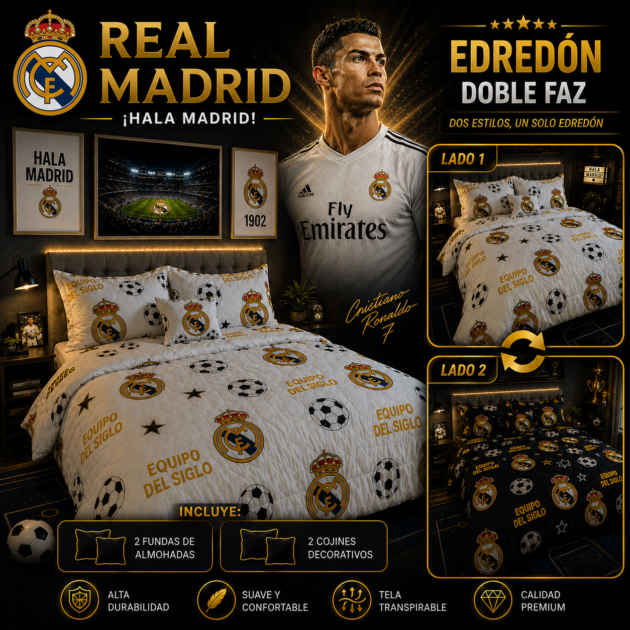 EDREDON DOBLE FAZ CLUBES DE FUTBOL PREMIUN