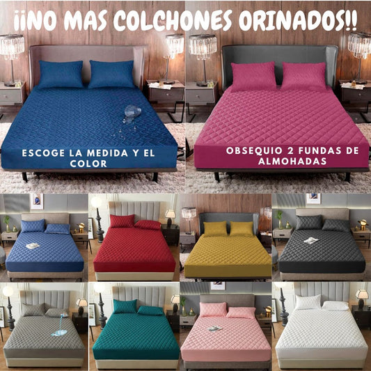 PROTECTOR DE COLCHON ACOLCHADO ANTIFLUIDOS CON 2 FUNDAS DE ALMOHADAS